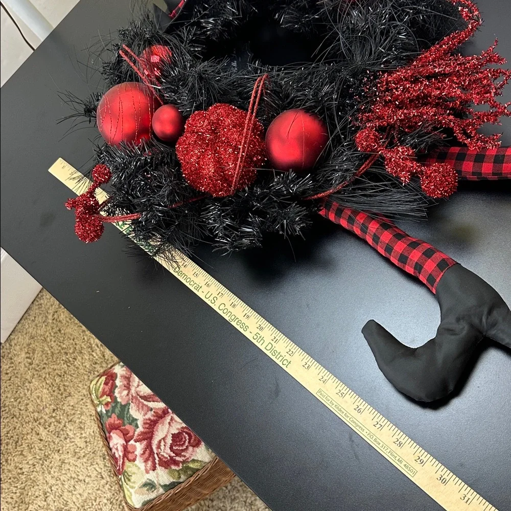 Bella Lux Halloween Witch Leg Wreath Red Black Glitter Baubles Pumpkin Hat Broom